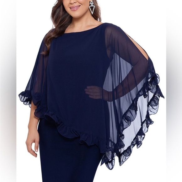 XSCAPE Ruffled Overlay Dress NWT 10 wedding guest formal modest Navy - Picture 1 of 5